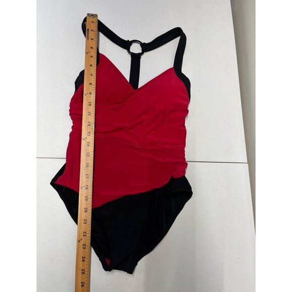 Aquagreen Colorblock One Piece Swimsuit Ruching Waistline Red Black Small NEW - Picture 4 of 6